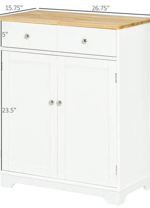 Kitchen Storage Cabinet, Sideboard Floor Cupboard with Solid Wood Top, Adjustable Shelf, and 2 Drawers for Living Room, and Hallway, White