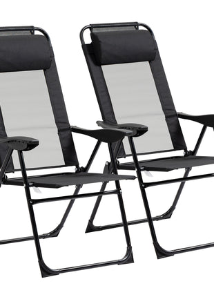 Folding Patio Dining Chairs Set of 2, Outdoor Deck Chair with Adjustable Sling Back, Camping Chair with Removable Headrest for Garden, Backyard, Lawn, Black