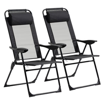 Folding Patio Dining Chairs Set of 2, Outdoor Deck Chair with Adjustable Sling Back, Camping Chair with Removable Headrest for Garden, Backyard, Lawn, Black