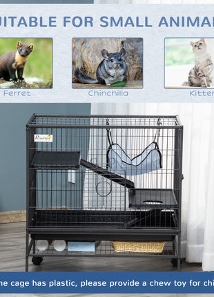 Small Animal Cage with Wheels, Pet Playpen for Rat, Syrian Hamster, Kitten, Ferrets, Chinchillas with Bottom Storage Shelf, Removable Tray, Ramp, 31.5" x 20.5" x 33.1"