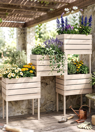 4PCS Raised Garden Bed With Legs, Wooden Elevated Planter Box Kit with Bed Liner, DIY Shape, for Flowers Vegetables Backyard Patio Balcony, 110lb Capacity
