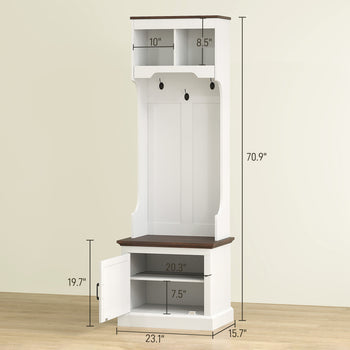 3-in-1 Hall Tree with Shoe Storage, Coat Rack with Bench, Entryway Furniture with Five Hooks, White Wood Grain