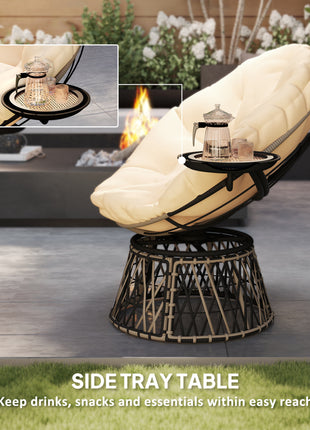 360° Swivel Outdoor Papasan Chair, 39" Overstuffed Circle Chair with Side Tray, Thick Cushion for Indoor Patio, Beige