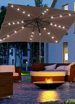 9' x 7' Solar Umbrella, LED Lighted Patio Umbrella for Table or Base with Tilt & Crank, Outdoor Umbrella for Garden, Deck, Backyard, Pool, Beach, Brown