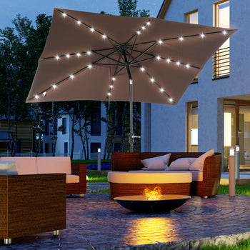 9' x 7' Solar Umbrella, LED Lighted Patio Umbrella for Table or Base with Tilt & Crank, Outdoor Umbrella for Garden, Deck, Backyard, Pool, Beach, Brown