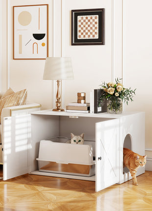 Cat Litter Box Enclosure with Barn Door, Cat Hole, 31.5" x 21" x 20", White