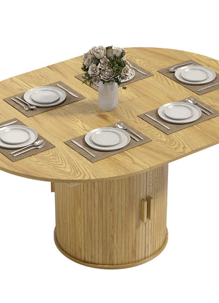 Extendable Dining Table for 6, 60" Farmhouse Kitchen Table with 2-Tier Storage Shelf and Fluted Sliding Doors, Natural