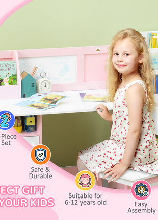 Toddler Table and Chair Set, Kids Writing Desk Homework Table with Whiteboard, Storage Cabinet, Pink