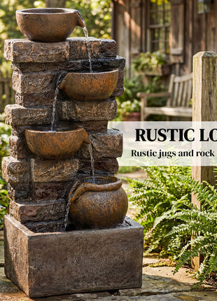 28" Outdoor Fountain with 5-Tier Rustic Jugs, Cascading Waterfall with LED Lights, Adjustable Flow, Rustic Brown