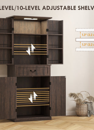71" LED Kitchen Pantry Cabinet, Farmhouse Storage Cabinet with Door Shelves, Distressed Brown