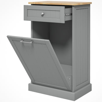 10 Gallon Tilt Out Trash Cabinet, Wooden Hidden Trash Can with Storage Drawer for Kitchen, Laundry Hamper Cabinet for Bathroom, Gray