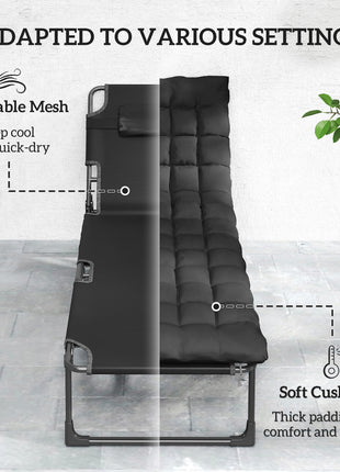 Folding Chaise Lounge Chair Outdoor Tanning Chair with 5-Position Backrest, Cushion, Side Pocket, Black