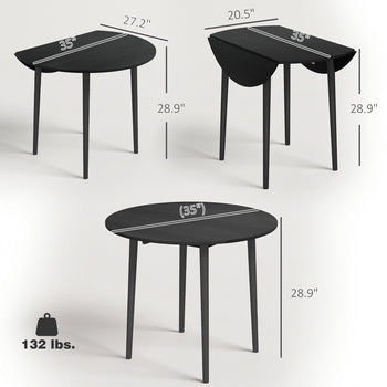Folding Dining Table, Round Drop Leaf Kitchen Table for Small Spaces with Wood Legs, Black