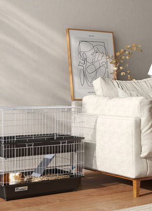 2-Tier Small Animal Cage with 2 Doors, Trays, Dish, Bottle, and Ramp for Bunny, Ferret, Chinchilla, Black