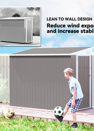4' x 8' Lean to Garden Storage Shed, Outdoor Metal Tool House with Lockable Door Vents for Backyard Patio Lawn, Light Gray