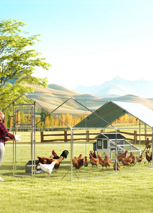 Metal Chicken Run w/ Waterproof & Anti-UV Cover, Feeding Door, Hanging Feeder, for 18-24 Chickens, 9.8' x 19.7' x 6.4'