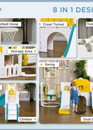 8 in 1 Toddler Slide and Swing Set w/ 2 Slides, Basketball Hoop, Climber, Storage Space Telescope, Yellow