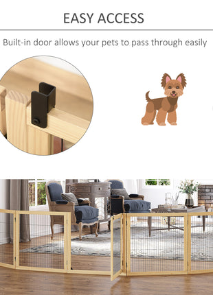 Wooden Pet Gate, 6-Panel Folding Dog Safety Barrier with Support Feet for Small & Medium Dogs, Natural Wood