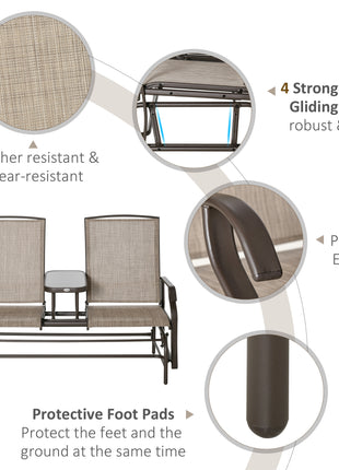 Outdoor Glider Bench with Center Table, Metal Frame Patio Loveseat with Breathable Mesh Fabric and Armrests for Backyard Garden Porch, Brown