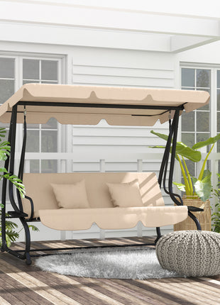Free Standing Swing Bench, Porch Swing with Stand, Adjustable Canopy, Cushion and Pillows, Ecru