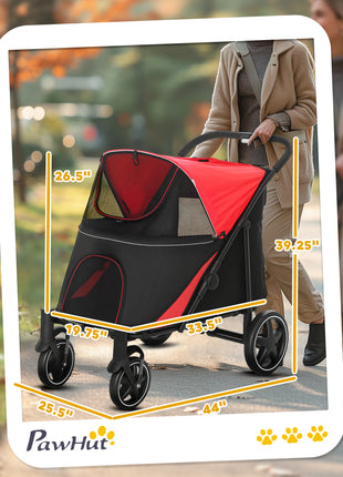 Dog Stroller for Large Medium Small Dogs up to 66 Lbs. 23.5" in Body Length, One-Click Foldable Pet Cat Stroller with Storage, Shock Absorption Wheels, Mesh Window, Safety Leash, Red