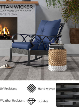 Outdoor Wicker Rocking Chair with Padded Cushions, Aluminum Furniture, Rattan Porch Rocker Chair w/ Armrest, Navy Blue