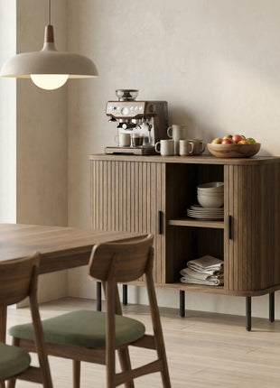 35.4" Sideboard Buffet Cabinet with Storage, Nordic Coffee Bar Cabinet with Slatted Tambour Doors and Metal Legs, Walnut