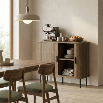 35.4" Sideboard Buffet Cabinet with Storage, Nordic Coffee Bar Cabinet with Slatted Tambour Doors and Metal Legs, Walnut