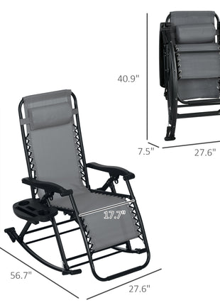 2 Outdoor Rocking Chairs Foldable Reclining Zero Gravity Lounge Rockers w/ Pillow Cup & Phone Holder, Gray
