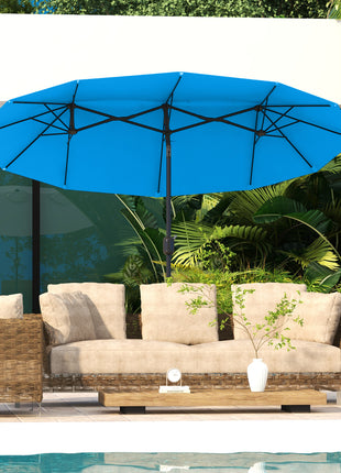 Double-sided Patio Umbrella, 9.5' Outdoor Umbrella with Push Button Tilt and Crank, 3 Air Vents and 12 Ribs, Cyan Blue