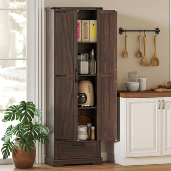 71" Pantry Cabinet, Kitchen Storage Cabinet with Adjustable Shelves, Barn Doors and Drawer for Dining Room, Brown