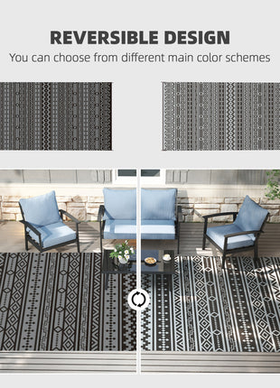 Reversible Outdoor Rug, Waterproof Plastic Straw with Carry Bag, 9' x 18', Black & Gray Geometric Wall