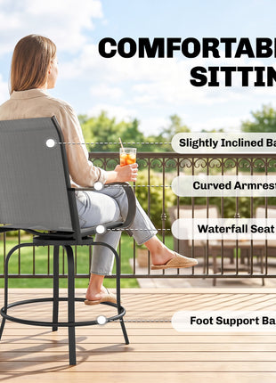 Outdoor Bar Stools Set of 2, 360° Swivel Bar Height Chairs, 26.75" x 29.5" x 48.5", Gray