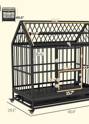 48" Heavy Duty Dog Crate with 4 Lockable Wheels, Double Doors, and Removable Tray, for XL and L Dogs