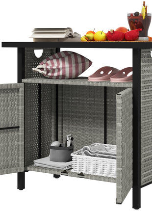 Outdoor Pool Towel Storage Cabinet Organizer, Outdoor Bar Table with Shelf and Cabinet, Pool Towel Holder Pool Valet with Weather-Resistant PE Rattan and Steel Frame, Gray