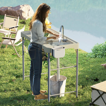Folding Fish Cleaning Table with Sinks, Portable Camping Sink Table with Faucet, Drainage Hose, Sprayer, Shelf, Drawer and Storage Basket, Outdoor Fillet Table for Picnic Beach Patio, Tan