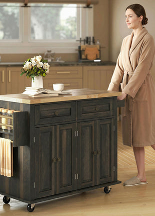 44" Mobile Kitchen Island Table, Kitchen Island Cart on Wheels with Storage Cabinets, 2 Drawers, Brown