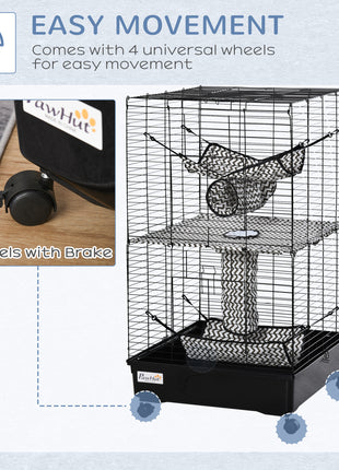 42" Ferret Cage, Small Animal Habitat Metal Pet Cage with Wheels Brakes, Hammocks, Hanging Tunnels, and 3 Doors, Black