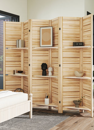 6 Panel 67" Tall Wood Privacy Screen Room Divider with 3 Shelves and Folding Storage for Bedroom, Natural Wood