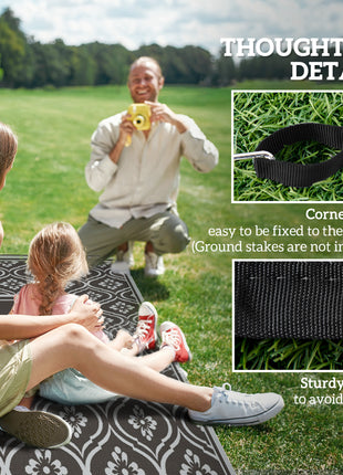 Reversible Outdoor Rug, Waterproof Plastic Straw with Carry Bag, 9' x 18', Black & Gray Gourd Border