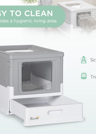 Fully Enclosed Cat Litter Box with Front Entry and Top Exit, Plastic, Gray & White
