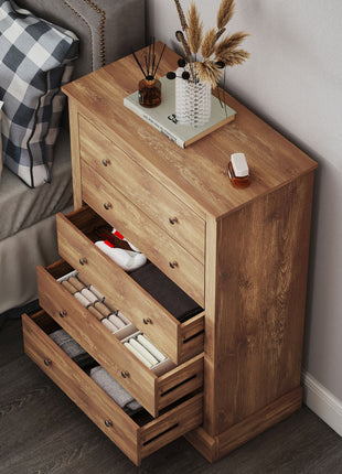 31" Wide Farmhouse Chest of Drawers with 5 Drawers, Dresser for Bedroom with Wood Top for Living Room, Brown