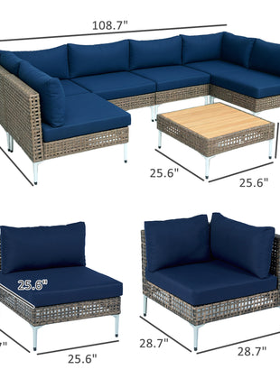 7 Piece Wicker Patio Furniture Set, Modular Outdoor Sectional with Thickened Cushions, Acacia Wood Table, Brown/Blue