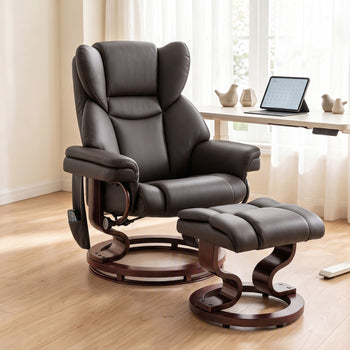 Massage Recliner Chair with Footrest, Swivel Armchair, Wrapped Wood Base, 10 Massage Points, Faux Leather, Brown