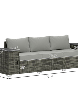 3 Seater Wicker Outdoor Couch Patio Sofa with Storage, Thickened Cushions and Wide Armrests for Porch Yard, Gray