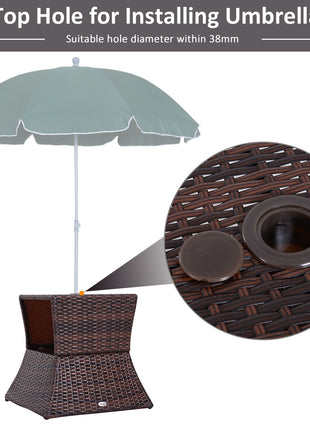 Outdoor Side Table with Umbrella Hole, 2 Tier Rattan Wicker End Table with Storage Shelf, All Weather for Outdoor, Patio, Garden, Backyard, Mixed Brown