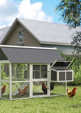 Wooden Chicken Coop with Run, 2 Nesting Boxes, 2 Roosting Bars, Ramp & Tray, Poultry Cage for 4-6 Chickens, Gray