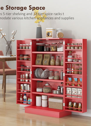 Kitchen Sideboard Cabinet, Large Kitchen Storage Cabinet w/ Double Doors & 5-tier Shelving for Home, Dining Room, Red