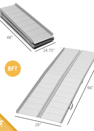8' Foldable Handicap Ramp for Home, Steps, Doorways, Aluminum Portable Wheelchair Ramp, Textured Threshold Ramp, Silver