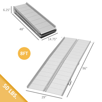 8' Foldable Handicap Ramp for Home, Steps, Doorways, Aluminum Portable Wheelchair Ramp, Textured Threshold Ramp, Silver